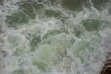 Waves during a storm. View from above. Red code. Rest on the Black Sea coast in Bulgaria. Elemental...