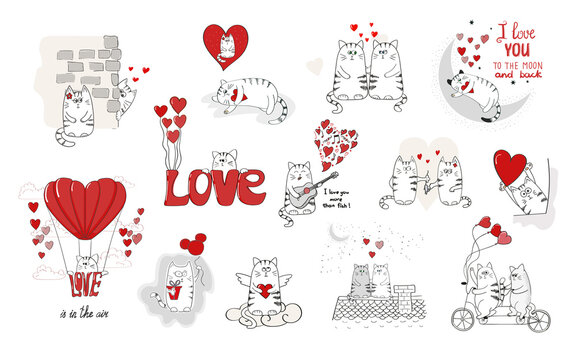 Cute cats in love. Valentines day big set for your design. Collection of doodle vector illustrations.