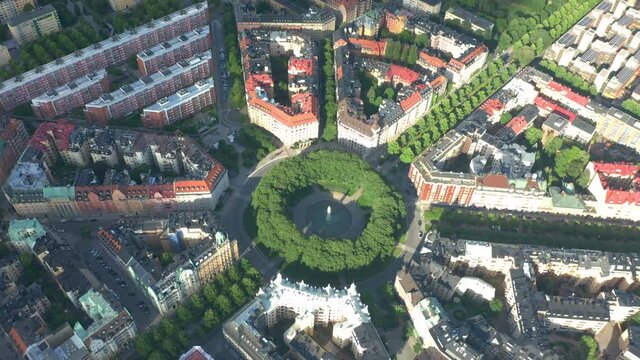 Aerial of the Karlaplan Park, Square and Fountain, in the capital city of Stockholm, Sweden.