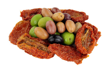 Group of sun dried tomatoes with mixed Mediterranean olives isolated on a white background