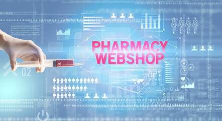 Close-up view of doctor's hand in a white glove holding syringe with PHARMACY WEBSHOP inscription, healthcare and medical concept