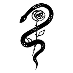 Floral Snake Snake wrapped around rose. Halloween and gothic aesthetic. Floral doodle design. Botanical elements. Rustic decorative plants. Black silhouette snake cartoon vector.
