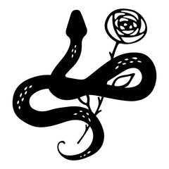 Floral Snake Silhouette with Rose. Halloween and gothic aesthetic. Floral doodle design. Botanical elements. Rustic decorative plants. Black silhouette snake cartoon vector.