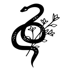 Floral Snake Silhouette with  Wildflower. Halloween and gothic aesthetic. Floral doodle design. Botanical elements. Rustic decorative plants. Black silhouette snake cartoon vector.