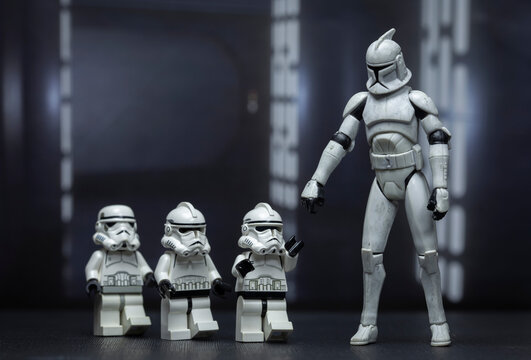 NEW YORK USA - AUG 18 2019: Star Wars Take your child to work day concept with Clone Troopers  - Hasbro and Lego figures used