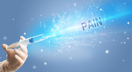 Syringe, medical injection in hand with PAIN inscription, medical antidote concept