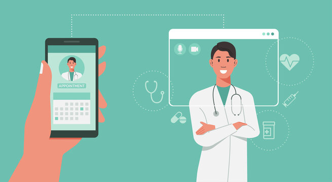 human hand holding phone and using mobile app to book doctor appointment online, healthcare, medical and technology concept, vector flat illustration