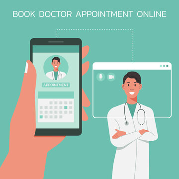 hand holding phone and using mobile app to book doctor appointment online, healthcare, medical and technology concept, vector flat illustration