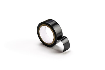 Piece scotch roll. Adhesive paper tape or black sticky duct strip isolated on white background. Torn grunge texture.