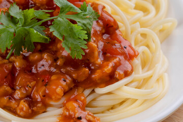 Plate of delicious spaghetti and pasta sauce