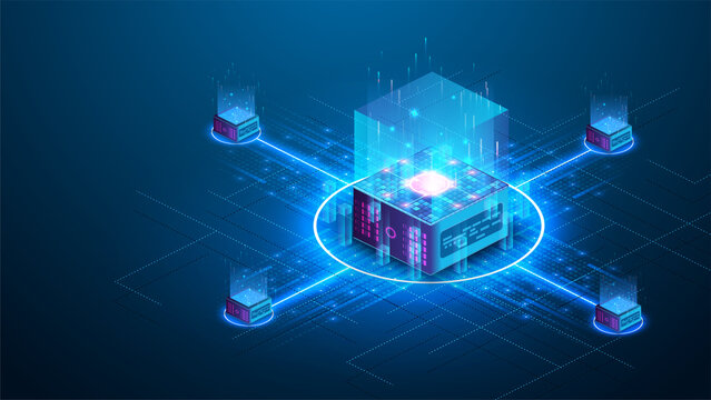 Concept big data processing center, cloud database, server energy station future. Data transmission technology. Synchronizing personal information. Cube or box  Block chain of abstract finance data