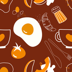 Seamless pattern. 
Breakfast. Various elements. Design for banner, card, placard, brochure 