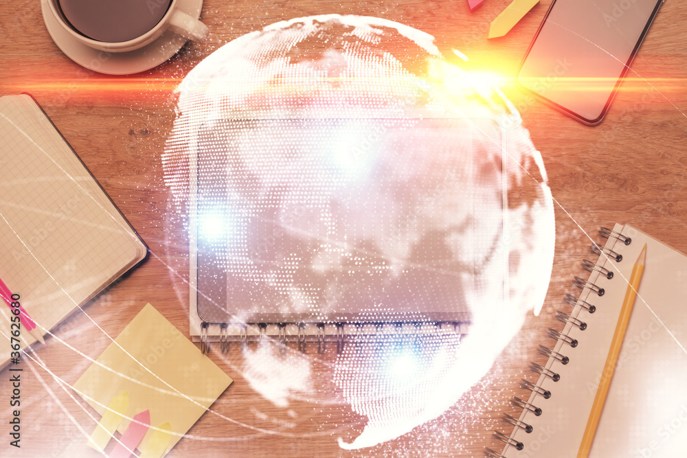 Poster double exposure of business theme hologram over desktop with phone. top view. mobile international t