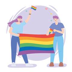 LGBTQ community, happy man and woman with rainbow flag celebration, gay parade sexual discrimination protest