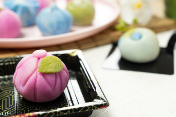 Traditional Japanese dessert confectionery cake wagashi or snow skin mooncake
