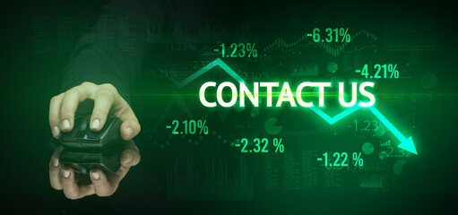 male hand holding wireless peripheral with CONTACT US inscription, modern business concept