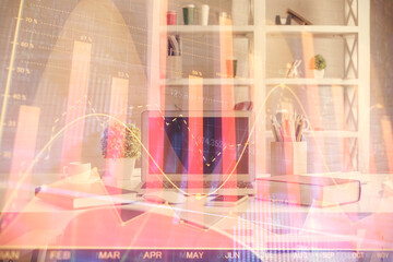 Double exposure of financial graph drawing and office interior background. Concept of stock market.