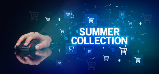 hand holding wireless peripheral with SUMMER COLLECTION inscription, online shopping concept