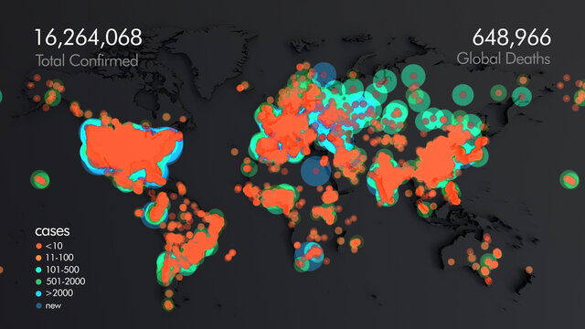 Coronavirus Global pandemic. Animation of Map of coronavirus spreading from Wuhan. World map with animation of spread of infection of a virus. 