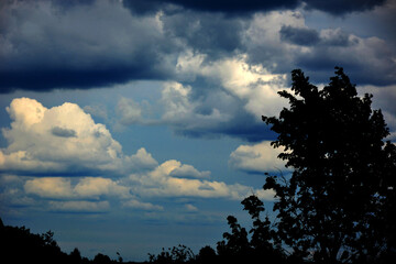 Dark night, night sky with clouds over the houses. The silhouettes of the trees, horizontal photo.