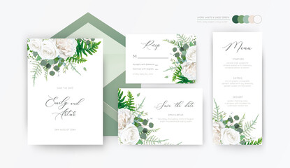 Wedding invite, invitation, rsvp, save the date, menu card floral design with elegant ivory white garden peony rose flowers, eucalyptus branches, leaves, cute forest herbs & ferns. Vector template set - obrazy, fototapety, plakaty