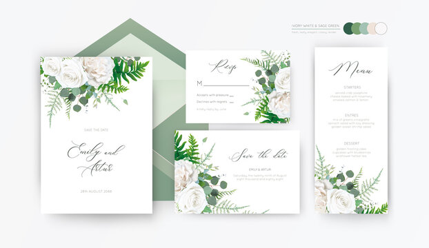 Wedding invite, invitation, rsvp, save the date, menu card floral design with elegant ivory white garden peony rose flowers, eucalyptus branches, leaves, cute forest herbs & ferns. Vector template set