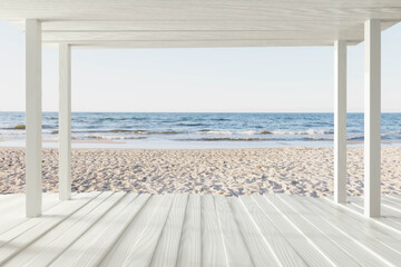 Fototapeta na wymiar empty white wooden planks porch on a beautiful beach 3d rendering illustration