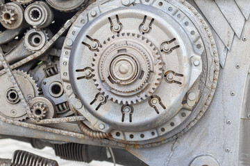 Silver beautifal mechanism machine engine old car. Close-up.