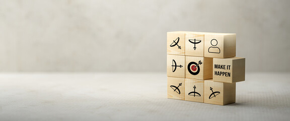 cubes with bow and arrow symbols all pointing into the middle to a target symbol and message MAKE...
