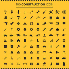 100 construction, worker, tool, icon set, silhouette