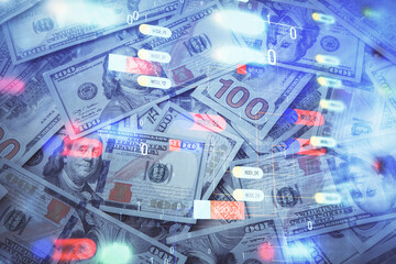 Double exposure of data theme drawing over us dollars bill background. Technology concept.