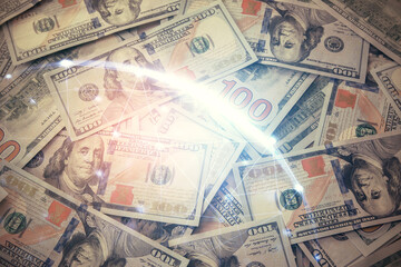 Multi exposure of social network drawing over us dollars bill background. Concept of people connection.