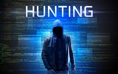 Faceless hacker with HUNTING inscription on a binary code background