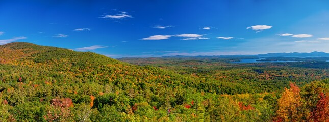 Panoramic aerial view of beautiful New Hampshire foliage mountains