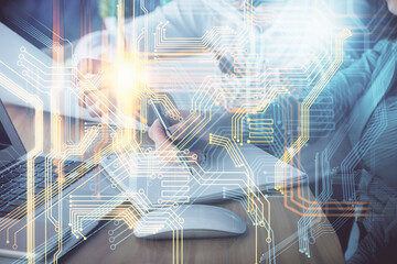 Double exposure of map drawing over people taking notes background. Concept of international connection