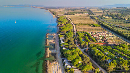 Fototapeta na wymiar Amazing aerial view of Tuscany coastline, Italy from the drone