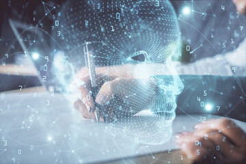 Double exposure of brain drawing over people taking notes background. Concept of Ai