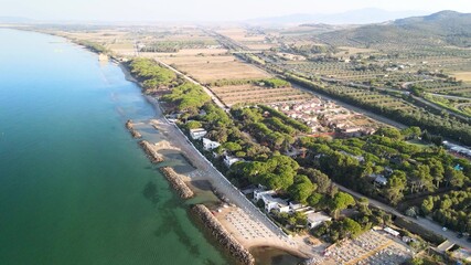 Amazing aerial view of Tuscany coastline in summer season, Italy