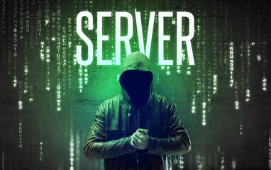 Faceless hacker with SERVER inscription, hacking concept