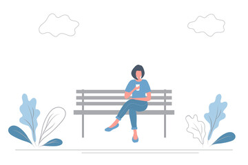 Young woman drink coffee on a bench in a park. There are also plants and clouds in the picture. Flat style. Vector illustration
