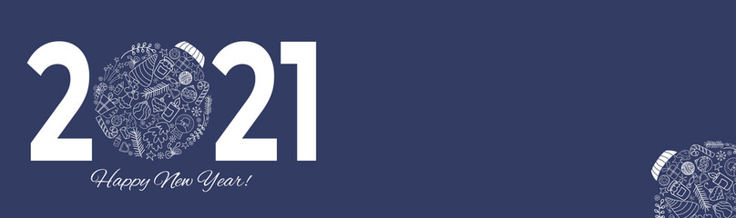 2021 Christmas ball. Happy New Year 2021. Contour drawings in the form of a Christmas ball - a tree, candles, caramel, white snowflakes on a blue background. Horizontal banner. Vector