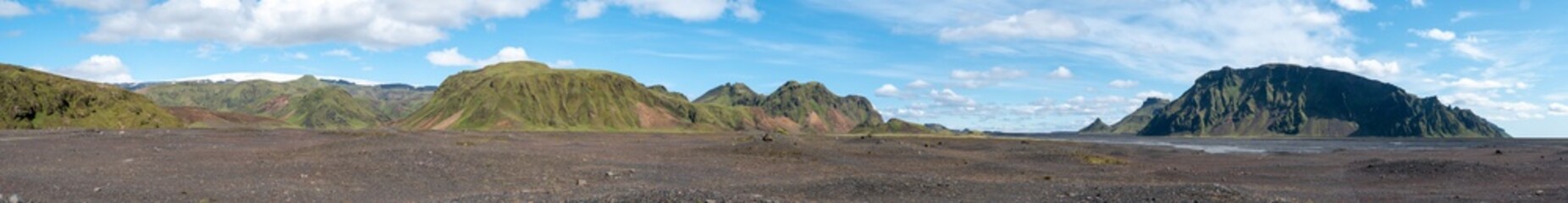 Panoramic view of glacial river bed in volcanic landscape near Myrdalsjokull in South Iceland.