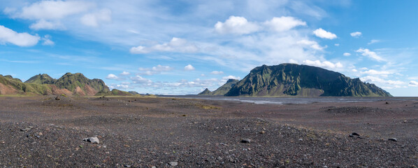 Glacial river bed in volcanic landscape near Myrdalsjokull in South Iceland.