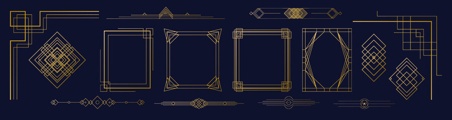 Set of Art Deco golden line elements: borders, frames, headers, elements