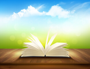 Open book on a wooden deck with green and blue backdrop. Vector.