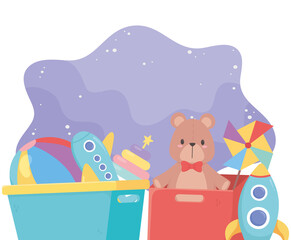 Obraz na płótnie Canvas kids toys box and bucket with bear ball pinwheel plane rocket object amusing cartoon