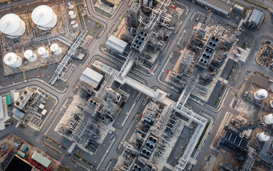 Aerial view Oil and gas refinery industrial zone on sunset,Thailand