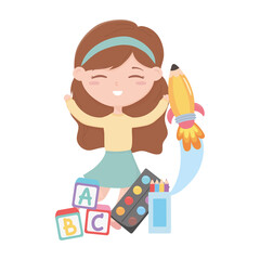 back to school, student girl with blocks alphabet pencils education cartoon
