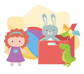 Obraz na płótnie Canvas kids toys object amusing cartoon red box with teddy bear pinwheel dinosaur ball and doll
