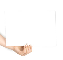 Holding card. Hand holding blank business paper card isolated on white background. Layout and...
